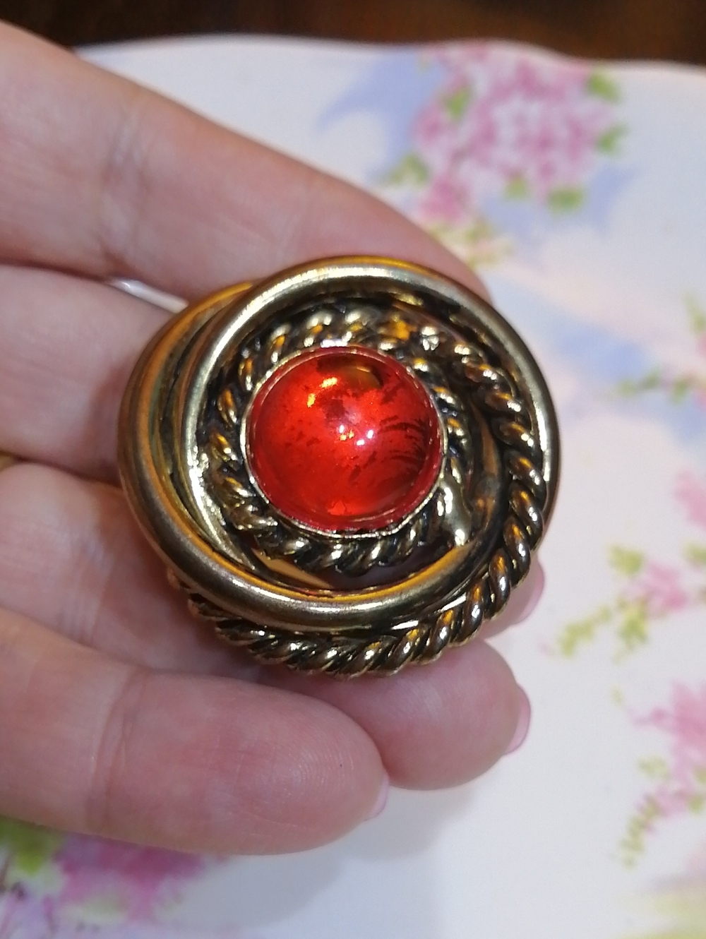 Antique Look Red Cabochon Mid Century Vintage Brooch